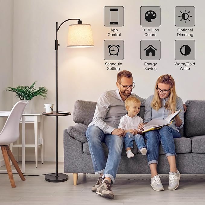 AIDENOEY Smart Floor Lamp with Side Table | Stepless Dimming, RGB Multi-Color | Adjustable Swivel Head | Voice Control with Alexa & Google Assistant |Black Lamp for Living Room,Bedroom,Home Office - Bloomnest