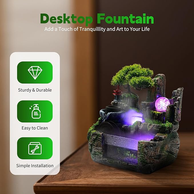 Gdrasuya10 Waterfountain Indoors Rockery Fountain Goldfish Waterfall Desktop Decorat Tabletop Rockery Fountain Waterfall Bonsai for Home Office Atomizing Humidifier