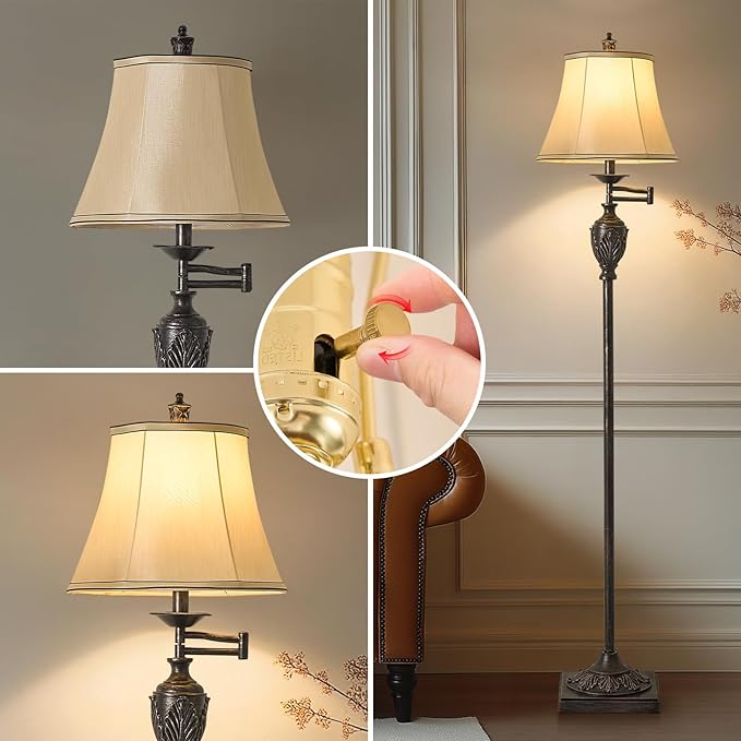 Traditional LED Floor Lamp with 350° Adjustable Swing Arm Lamp – Vintage Standing Pole lamp for Living Room, Bedroom and Office – Rustic Upright Floor Light for Home Décor with Faux Silk Fabric Shade - Bloomnest