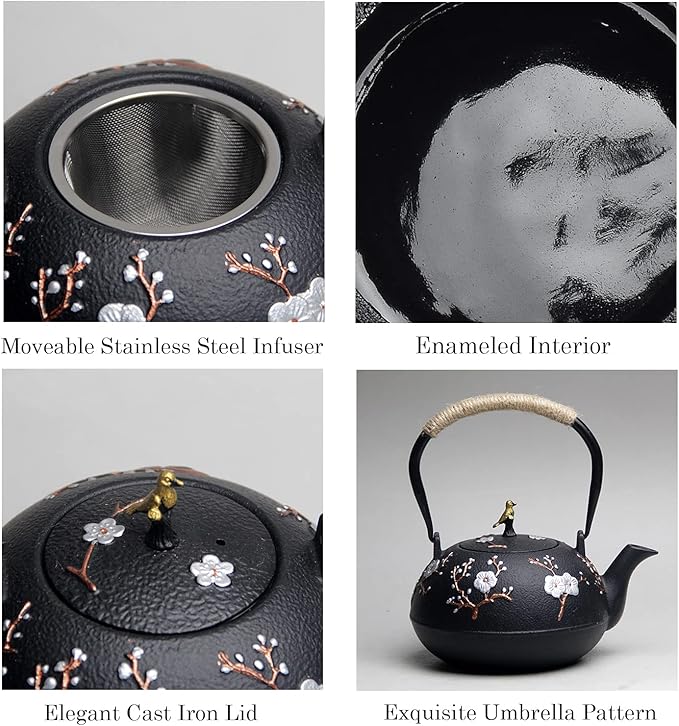 Cast Iron Teapot SECHUDO Teapot for Stovetop Safe Coated with Enameled Interior,Japanese Beautiful Tea Kettle with Stainless Steel Infuser for Loose Tea (40.6oz/1200ml) - Bloomnest