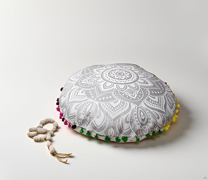 CRAFT KALA Large Round Bohemian Floor Pillow Pouf Cover Mandala Meditation Room Pillow Cover for Adults Boho Seating Poufs Cushion Cover for Kids Playroom 32" Round Silver Flower - Bloomnest