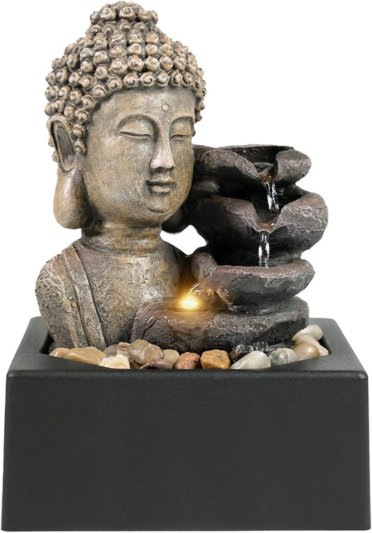 Ferrisland Tabletop Waterfall Fountain Indoor - Buddha Water Fountains 4-Tier Tabletop Waterfall of Zen Meditation Buddha Fountain with LED Warm Light for Office Home and Bedroom Desktop Decor - Bloomnest