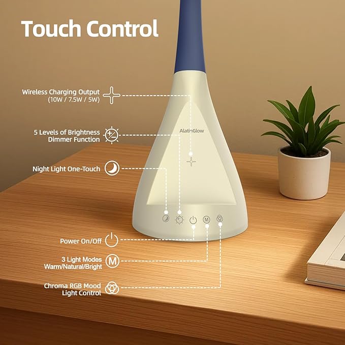 LED Desk Lamp with USB Charging Port, Dimmable Reading Light Touch Control and Eye Protection, Adjustable Brightness Table Lamp for Home Office Bedroom (White) - Bloomnest