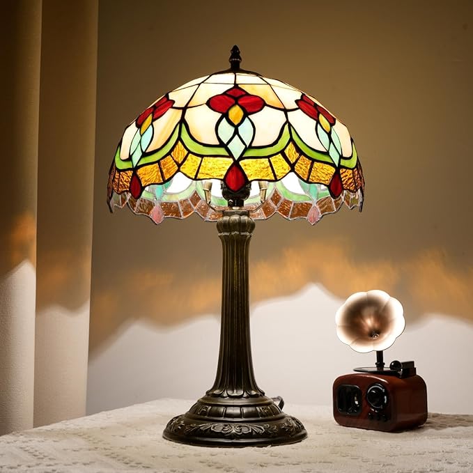 Red Tuilp Tiffany Lamp Stained Glass Table Lamps Antique Vintage Style Bedside Nightstand Nightstand Decor Living Room Bedroom Office Home Retro Bar Hotel 12 Inch Unique Flower Reading Desk Lamps - Bloomnest