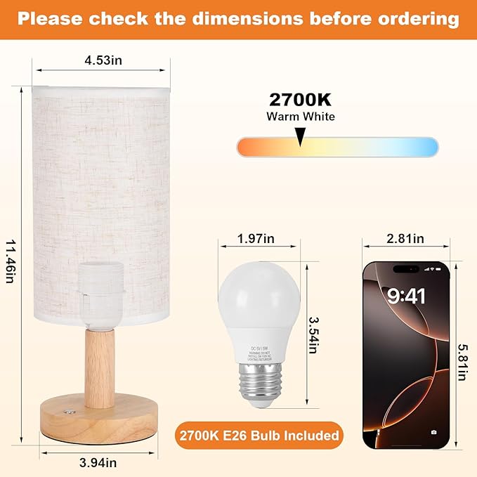 Rechargeable Cordless Touch Table Lamp with Stepless Dimming,Natural Wood Base&Linen Shade,Small Battery Wireless Ambient Night Light for Bedroom,Bedside,Nightstand,Nursery,Kitchen,Camping,Outdoor - Bloomnest