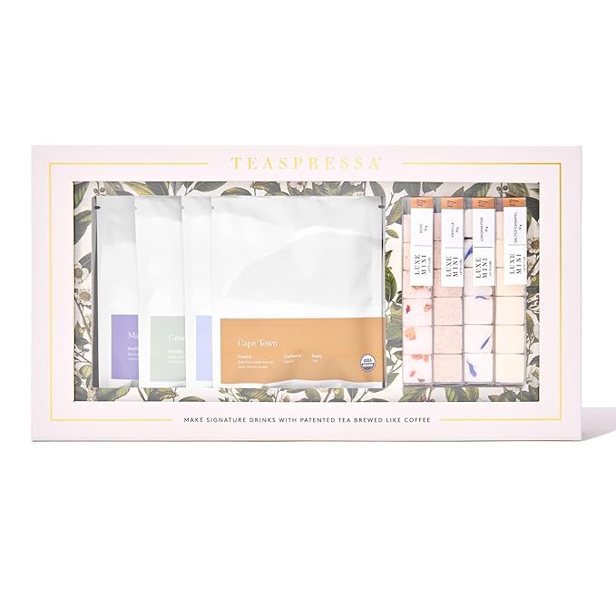 Tea Latte Sampler Kit by Teaspressa – 4 Signature Organic Tea Blends + 4 Luxe Sugar Cubes – Make at Home - Manhattan Black, Earl Grey, Green & Rooibos Tea – Salted Caramel, Vanilla, London Fog & Rose Gourmet Sugar Cubes – Gift Set - Vegan & Gluten-Free - Bloomnest