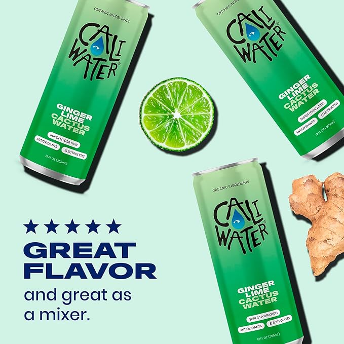 Caliwater - Organic Cactus Water - Ginger and Lime - 5g Sugar, 25 Calories - Coconut Water Alternative - Natural Plant Based Hydration - Skin Care, Electrolyte Drinks - Flavored Water - 12 Cans - Bloomnest
