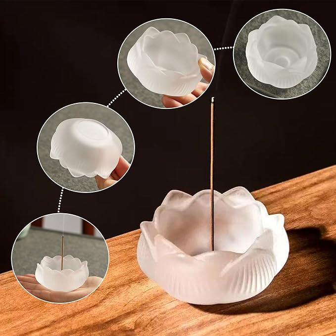 MIUPOO Lotus Incense Holder,Lotus Glass Incense Burner,with 9 Holes Brass Incenses Plug,Stick Insence Holder,Coil Incenses Burner,Yoga and Meditation Lovers,1 Picese. - Bloomnest