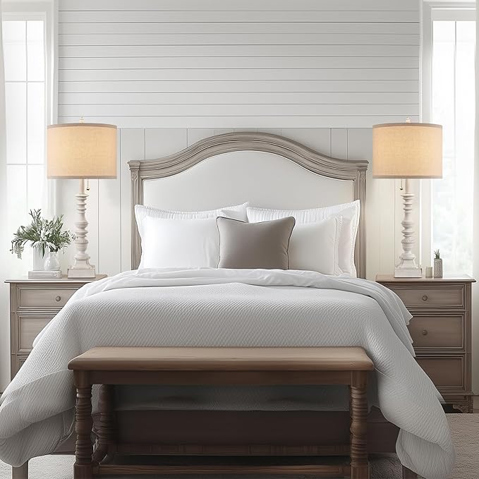 Farmhouse Table Lamps for Bedroom Set of 2, 29.5" Tall Rustic Bedside Lamp with USB Ports and AC Outlet, Vintage Nightstand Table Lamp for Living Room with Linen Drum Shade, White, Pull Chain - Bloomnest