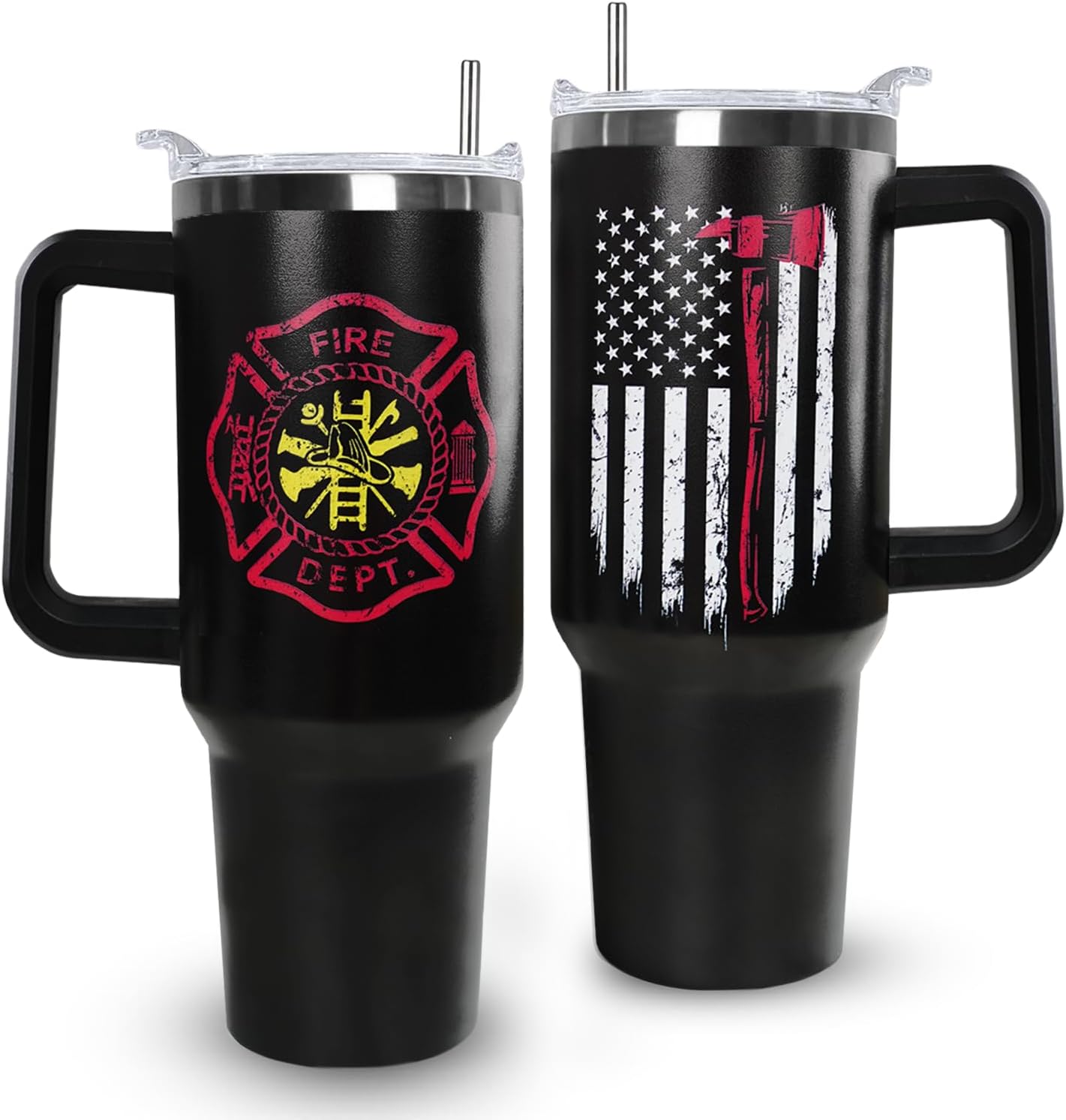 Ceovfoi Firefighter Gifts for Men,40 oz American Flag Tumbler with Handle Lid and Straw Stainless Steel Cups Mug, Firefighter Stuff Supplies Accessories