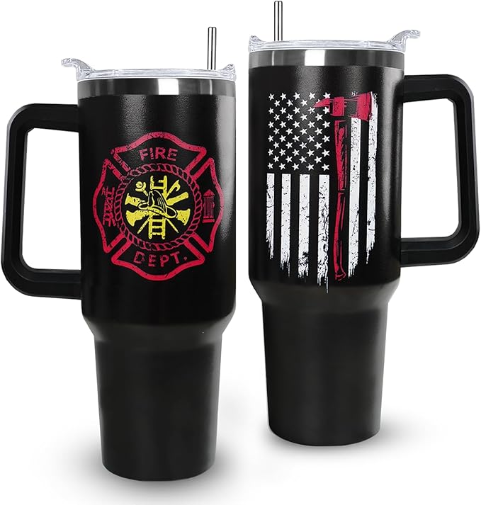 Ceovfoi Firefighter Gifts for Men,40 oz American Flag Tumbler with Handle Lid and Straw Stainless Steel Cups Mug, Firefighter Stuff Supplies Accessories - Bloomnest