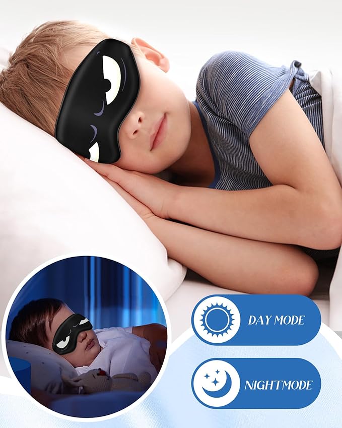 Sleep Mask for Kids - Silk Eye Mask for Sleeping Cute Cartoon Kids Sleep Mask for Boys Girls Teens Soft Smooth Adjustable Straps Silk Kids Eye Cover, Black White Eyes - Bloomnest