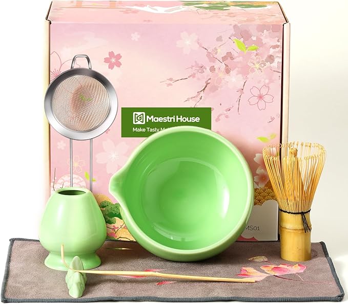 Maestri House Matcha Whisk Set, 7-Pc Complete Matcha Kit with Spouted Ceramic Bowl, Bamboo Whisk and Holder, Scoop, Spoon Rest & Sifter, Tea Cloth – Ideal Gift for Matcha Lovers (Green) - Bloomnest