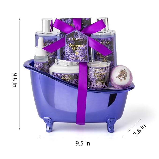 Birthday Gifts for Women, Luxury Home Spa Kit, 8pcs Lavender & Lilac Bath Gift Set, Gift Baskets for Women Unique with Bath Bombs, Sea Salt, Scented Candle, Body Lotion