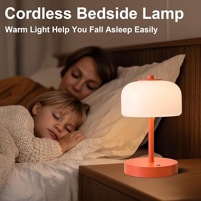 Oneach 9" Cordless Table Lamp, Orange Rechargeable Battery Operated Lamp, 3-Way Stepless Dimming Touch Lamps, Small Glass Bedside Nightstand Light for Bedroom Dining Table Living Room Shelf Decor - Bloomnest