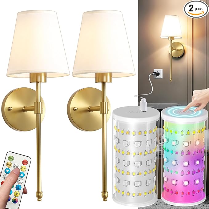 Wireless Wall Sconces Set of Two Battery Operated, Rechargeable Wall Lamp with 10000 mAh Dimmable Bulb & Remote, 10 Colors Wall Lights for Bedroom Living Room Hallway Wall Decor - Bloomnest