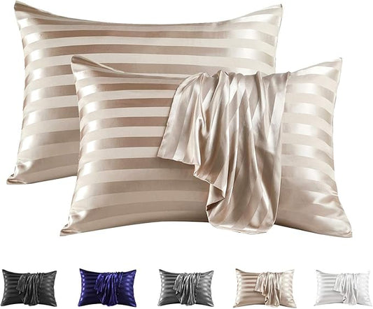 MR&HM Satin Pillowcase for Hair and Skin, Silk Satin Pillowcase 2 Pack, Queen Size Pillow Cases Set of 2, Silky Pillow Cover with Envelope Closure (20x30, Champagne Striped) - Bloomnest