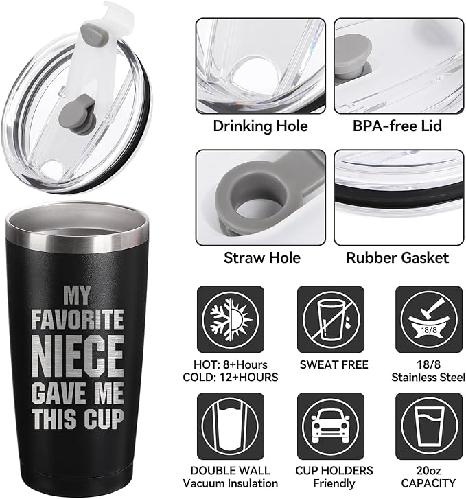 Father's Day Gift for Uncle, Aunt from Niece - Best Uncle Tumbler - Gifts for Father's Day, Christmas, Birthday - Funy 20oz Stainless Steel Insulated Tumbler, Black - Bloomnest