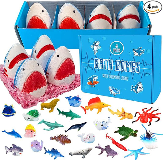 Kids Bath Bombs with Surprise Inside,4 Pack Marine Shark Bath Bomb for with Ocean Sea Animals for Girls Boys Toddlers, Safe Natural & Organic - Bloomnest