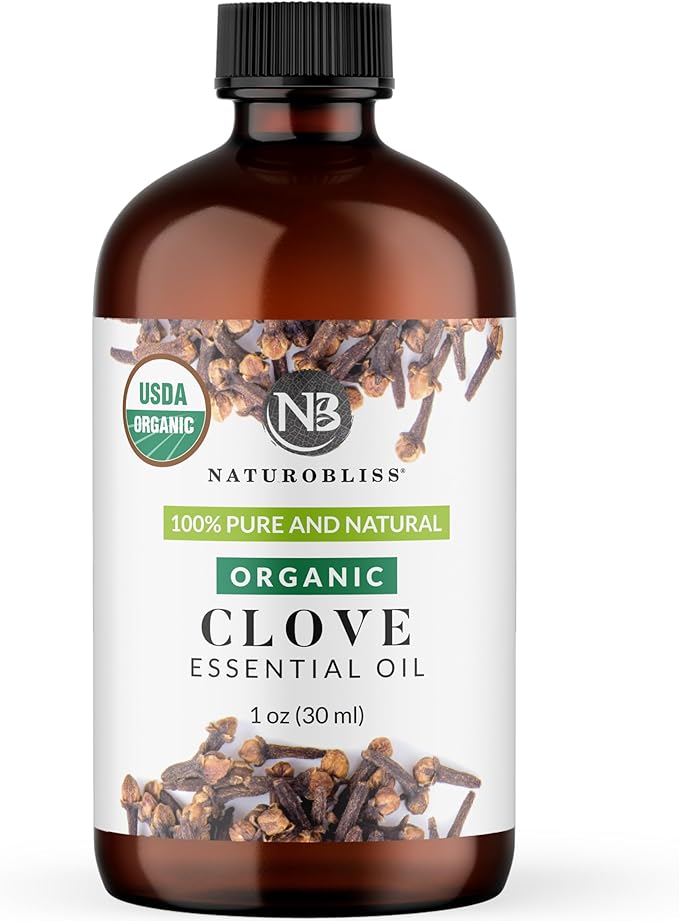 NaturoBliss Organic Clove Essential Oil 1 oz – 100% Pure, Natural, Undiluted for Toothache, Sore Muscles, Skin & Hair Care - Soothing Clove Bud Oil for Aromatherapy, Warm Spicy Aroma NaturoBliss