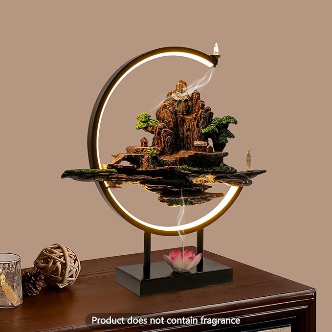Gdrasuya10 Backflow Incense Burner with LED Light, Mountain Design Aromatherapy Diffuser with Adjustable Brightness, Electric Waterfall Incense Holder for Home Office Meditation Decor (Style 17) - Bloomnest