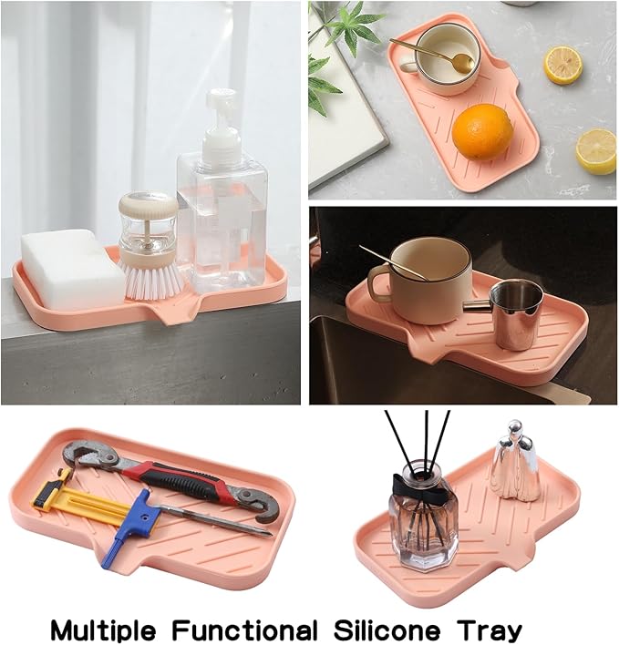 Silicone Bathroom Soap Dishes with Drain Spout-Bathroom and Kitchen Sink Organizer,Sponge Holder,Dish Soap Tray,Perfect for Dispenser,Scrubber,Bottle,Cup on Sink or Counter-Pink 9.6"×5.3" - Bloomnest
