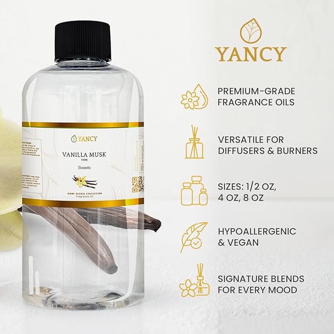 YANCY Vanilla Musk Home Collection Fragrance Oil (8 oz), Luxurious Vanilla and Musk Scent, Warm Fragrance for Diffusers, Oil Burners & Aroma Lamps, Cozy Scent for Relaxing Home Spaces YancySpa