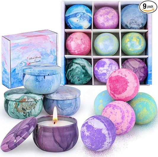 Bath Bombs Gift Set - 5 Large Fizzy Spa Bombs with 4 Scented Candles for Women - Moisturizing Bubble Bath with Essential Oils for Valentine's, Birthday Gifts - Bloomnest