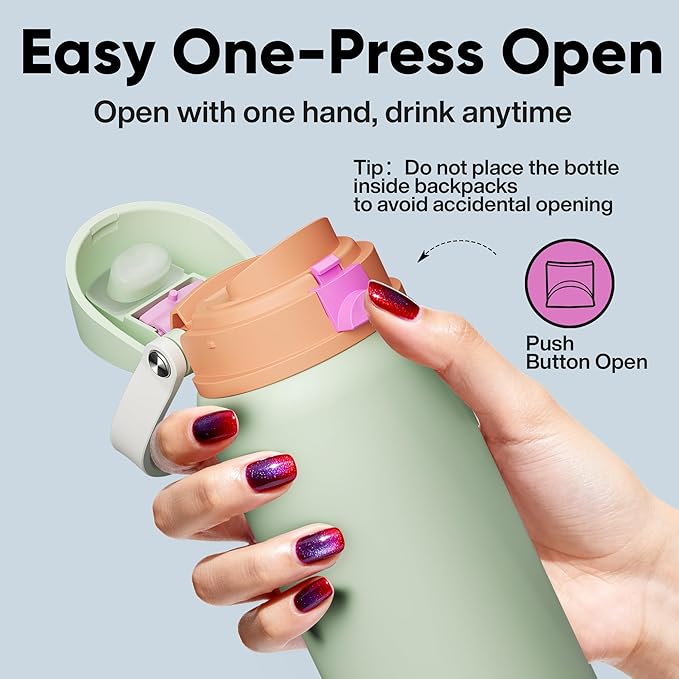 Insulated Water Bottle with Straw - Encool Stainless Steel Water Bottle with Push Button Lid, Leak-Proof & BPA-Free, Keeps Cold for 24 Hours for Sports, Travel, Gym (32 oz, Geyser Green) ENCOOL