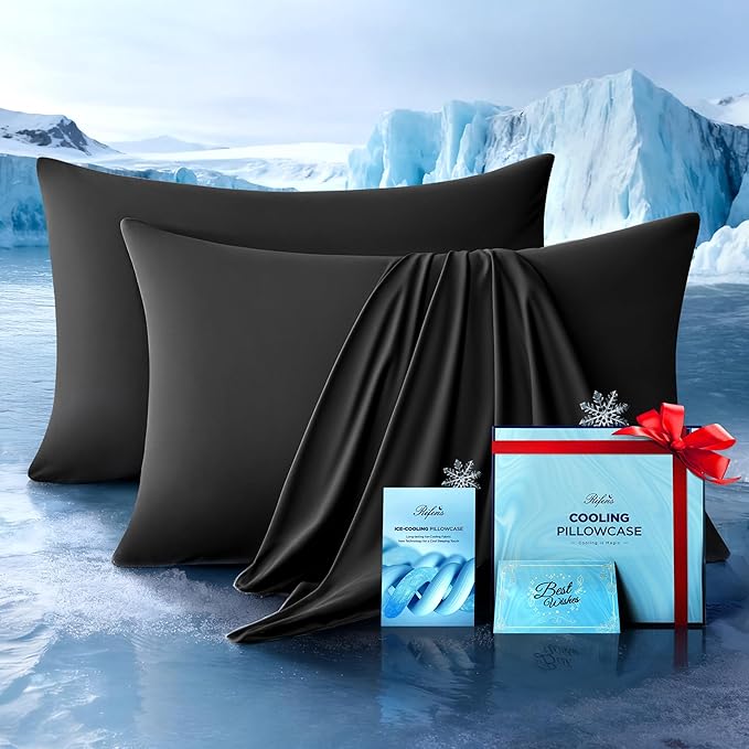 Ultra-Chill Cooling Pillowcase Set of 2 for Hot Sleepers, Softer Than Silk Pillow Cases for Protecting Hair & Skin, Breathable Bed Pillow Covers w/Zipper, Gifts for Women Men (Black, King) - Bloomnest