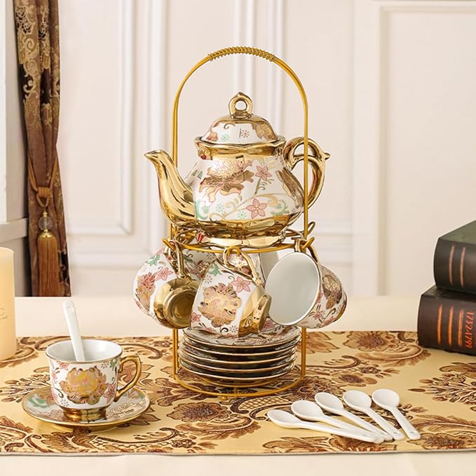 CHANJOON Gold Plated Red Rose Ceramic Tea Set, Vintage Tea Sets with Teapot, Beautiful Tea Set Coffee Serving 6 People (pink, Medium) - Bloomnest