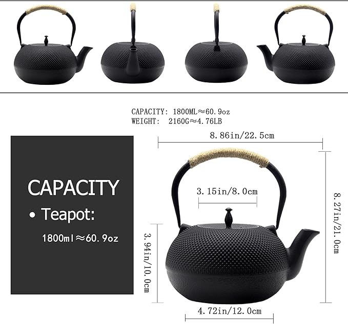 Big Cast Iron Teapot, Japanese Tetsubin Tea Kettle for Stovetop Safe, Cast Iron Tea Pot with Stainless Steel Infuser for Loose Tea and Enameled Interior(1800ml/60.9oz) - Bloomnest