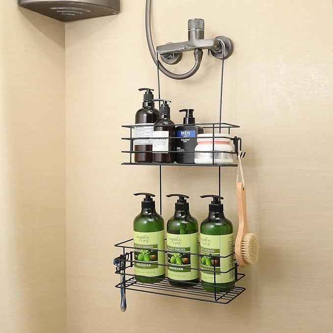 Shower Organizer Hanging Shower Caddy with Rotatable Hook bar Over the Door and Can be Hung on the Faucet or Claw Foot, Stainless Steel Rust Proof and Durable （Black） - Bloomnest