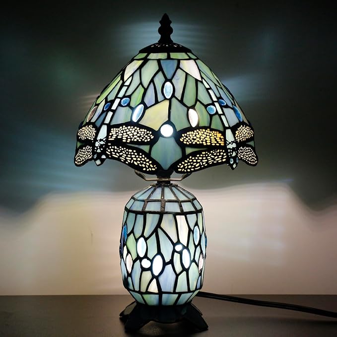 Small Tiffany Lamp Stained Glass Table Lamp Mini Mother Daughter Vase Desk Accent Light for Bedroom Bedside Reading Home Antique Style Decor 8X14 Inches (Sea Blue Dragonfly) - Bloomnest
