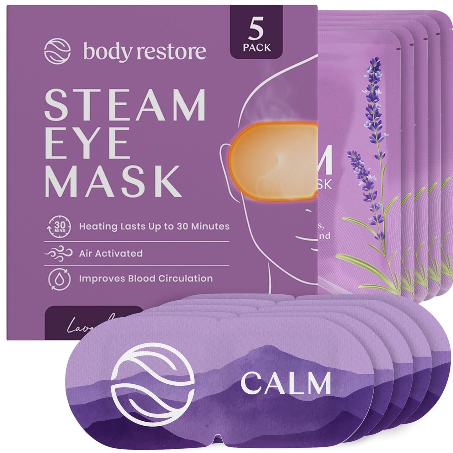 Body Restore Heated Eye Mask for Dry Eyes 5 Pack - Self Heating Warm Compress, Christmas Stocking Stuffers, White Elephant, Birthday Gifts for Women, Men, Stye Eye Treatment, Relaxation - Lavender