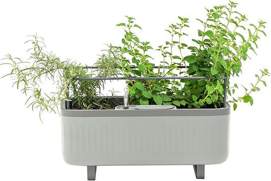 Vego Garden Herb Indoor Plant Box, Self Watering Planters Pots for Indoor Plants with Trellis for Kitchen Window Sill or Countertop Plants Cage - Fog Gray - Bloomnest