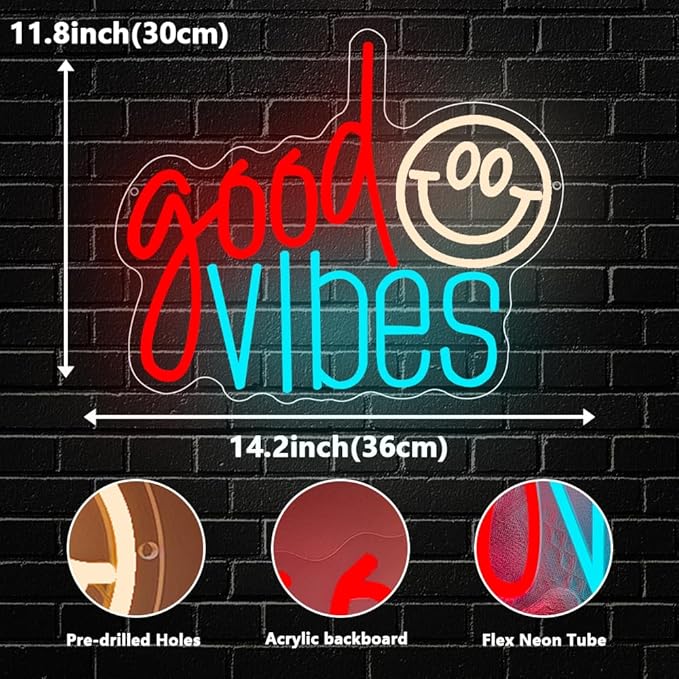 Good Vibes Neon Sign, Smile Face LED Neon Light for Wall Decor Good Vibes Light Up Lamp for Bedroom Dorm Game Room Wall Art Party Decorations Gift USB Powered(14.2"*11.8") - Bloomnest