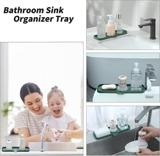 Silicone Bathroom Soap Dishes with Drain Spout-Bathroom and Kitchen Sink Organizer,Sponge Holder,Dish Soap Tray,Perfect for Dispenser,Scrubber,Bottle,Cup on Sink or Counter-Green 12"×4" - Bloomnest