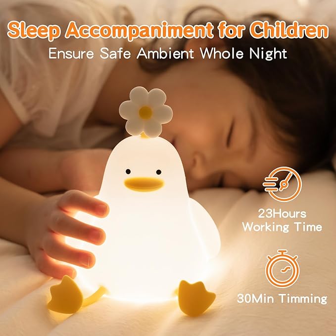 Cute Duck Night Light for Baby, Kids, Toddler, Ambient Nursery Nightlight, Soothing Lamp 3 Level Dimmable, Sleeping Accompanion for Bedroom Bedside, Rechargeable Battery, 30 Min Timer Off - Bloomnest