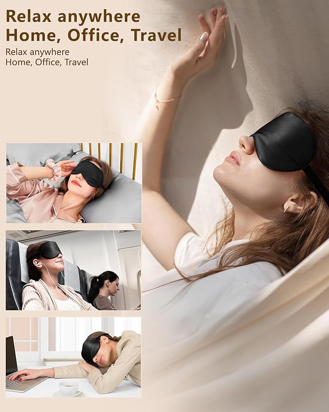 Silk Sleep Mask for Women - Soft Breathable Organic Natural Mulberry Silk Fabric Blackout Eye Mask for Sleeping with Adjustable Straps No Pressure Eye Mask for Travel Essentials Gifts (Black) - Bloomnest