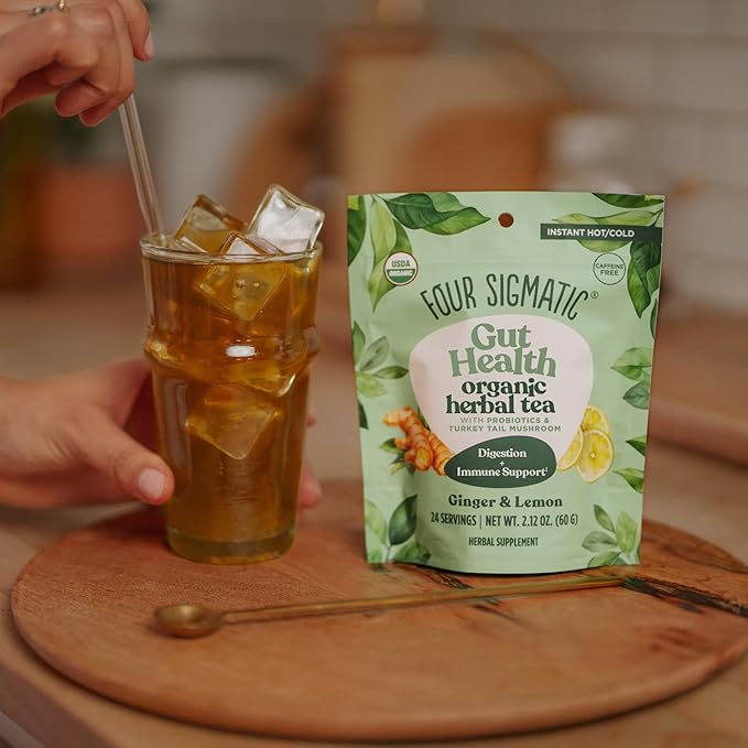 Four Sigmatic Gut Health Organic Herbal Tea | Organic Lemon Ginger Tea with Probiotics & Turkey Tail Mushroom | Instant Digestive Tea | Vegan, Gluten-Free | Lemon Ginger, 24 Servings - Bloomnest