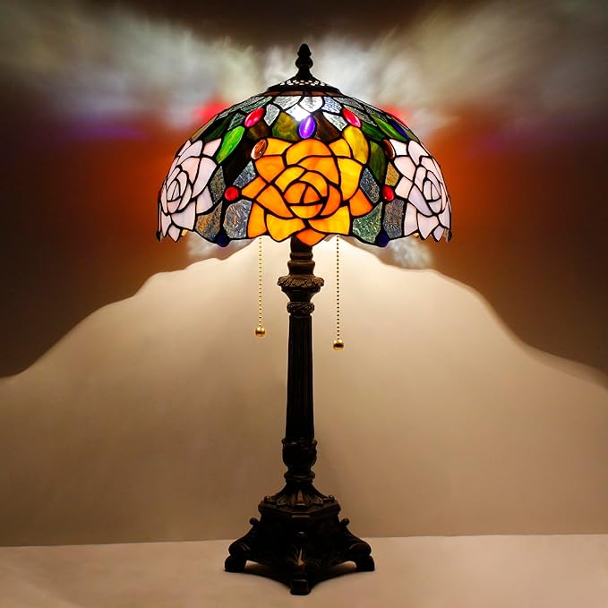 Tiffany Lamp Orange Rose Flower Style Stained Glass Table Lamp Desk Reading Light 12X12X21 Inches with Resin Base Decor Bedroom Living Room - Bloomnest