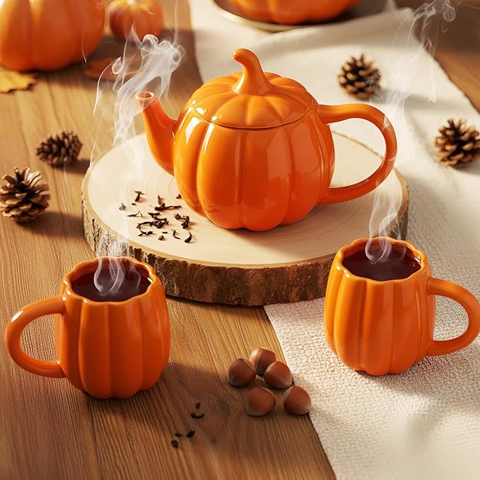 Mimorou Thanksgiving Pumpkin Tea Set Ceramic Teapot with 2 Mugs and Tea Mug Orange Ceramic Pumpkin Shaped Teapot Set for Thanksgiving Halloween Christmas Birthday Gift - Bloomnest