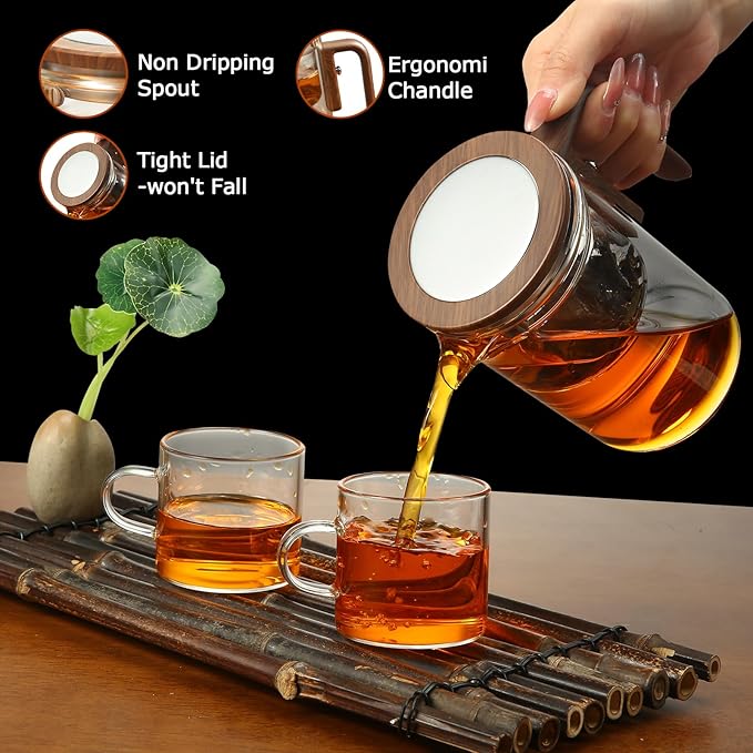 5Pcs Enchanti Tea Pot, Magic Witchcraft Enchanted Glass Teapot with Strainer -600ML,Divided Glass Teapot with Wooden Handle with 4 Wall Teacups,Push Control Magic Teapot (18FL-OZ)