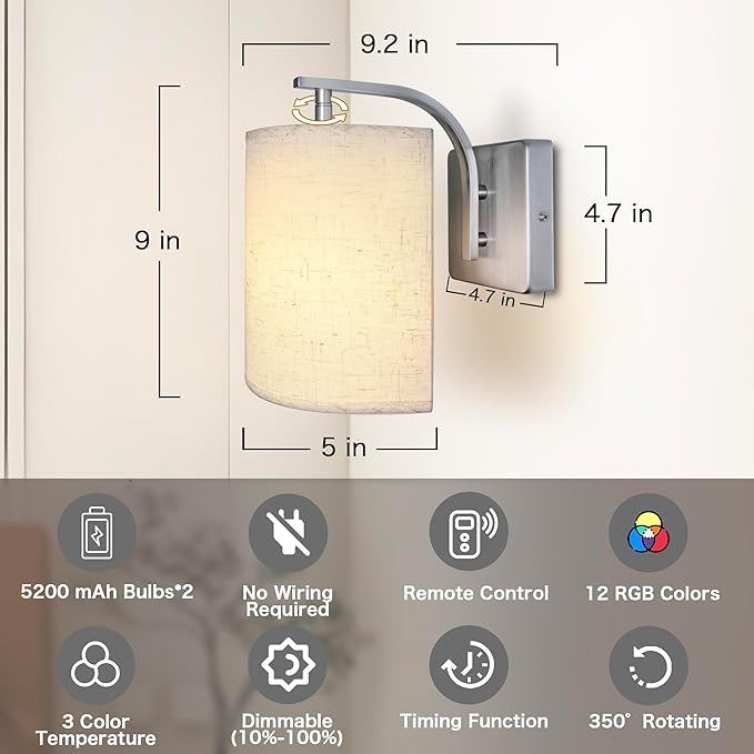 Wireless Wall Sconces Set of 2, Rechargeable Battery Operated Wall Lights with Remote, Dimmable Magnetic LED Bulbs,12 RGB Colors and Timer, Cordless Sconces for Bedroom Living Room (Silver) - Bloomnest