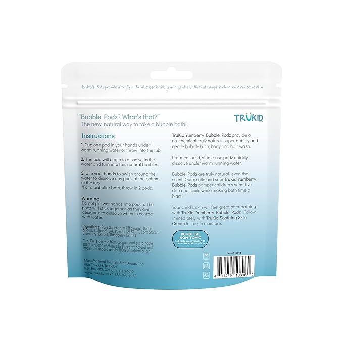TruKid Bubble Podz Bubble Bath for Kids, Toddlers, & Babies, Tear Free Gentle & Refreshing Bath Bomb for Sensitive Skin with Natural Moisturizers, Non-Toxic, pH Balanced, Yumberry Scent (10 Podz) - Bloomnest