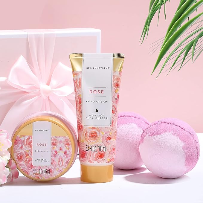 Spa Luxetique Spa Gift Baskets for Women, 12 Pcs Rose Presents Set with Bubble Bath, Bath Bombs, Body Lotion, Hand Cream, Christmas Gift Basket for Mom - Bloomnest