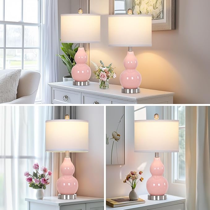 Double Gourd Ceramic Table Lamps Set of 2, Modern Pink Bedside Lamps for Night Stand, Contemporary Nightstand Lamps for Bedroom Living Room (Bulb Included) - Bloomnest