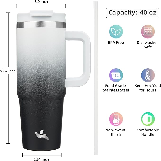 40 oz Tumbler with Handle and 2 Straws,2 in 1 Lid Insulated Water Bottle Stainless Steel Travel Coffee Mug,Day Night - Bloomnest