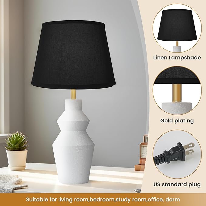 29.7" Modern Table Lamp, Single Farmhouse Rustic Bedside Lamp, White Cement lamp Base with Black Linen Shade, for Bedroom, Living Room Office Kids - Bloomnest